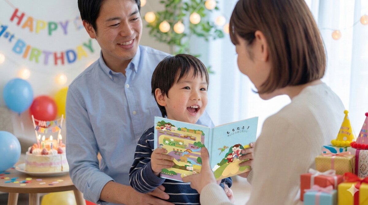 誕生日に絵本を読む家族